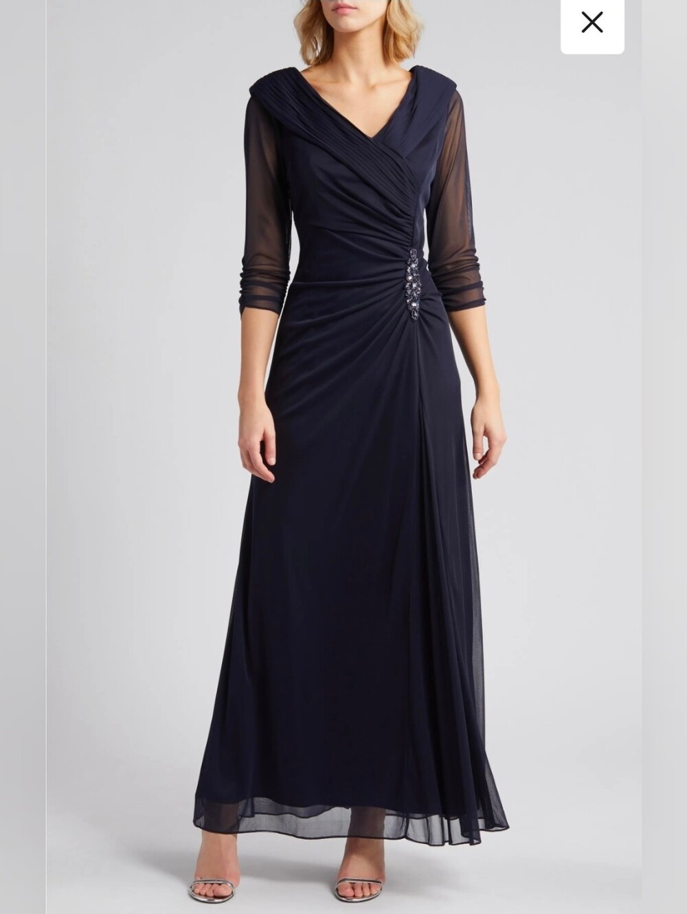 Alex Evenings Navy Long-Sleeve V-Neck Evening Gown Side Jewel Detail Size 8